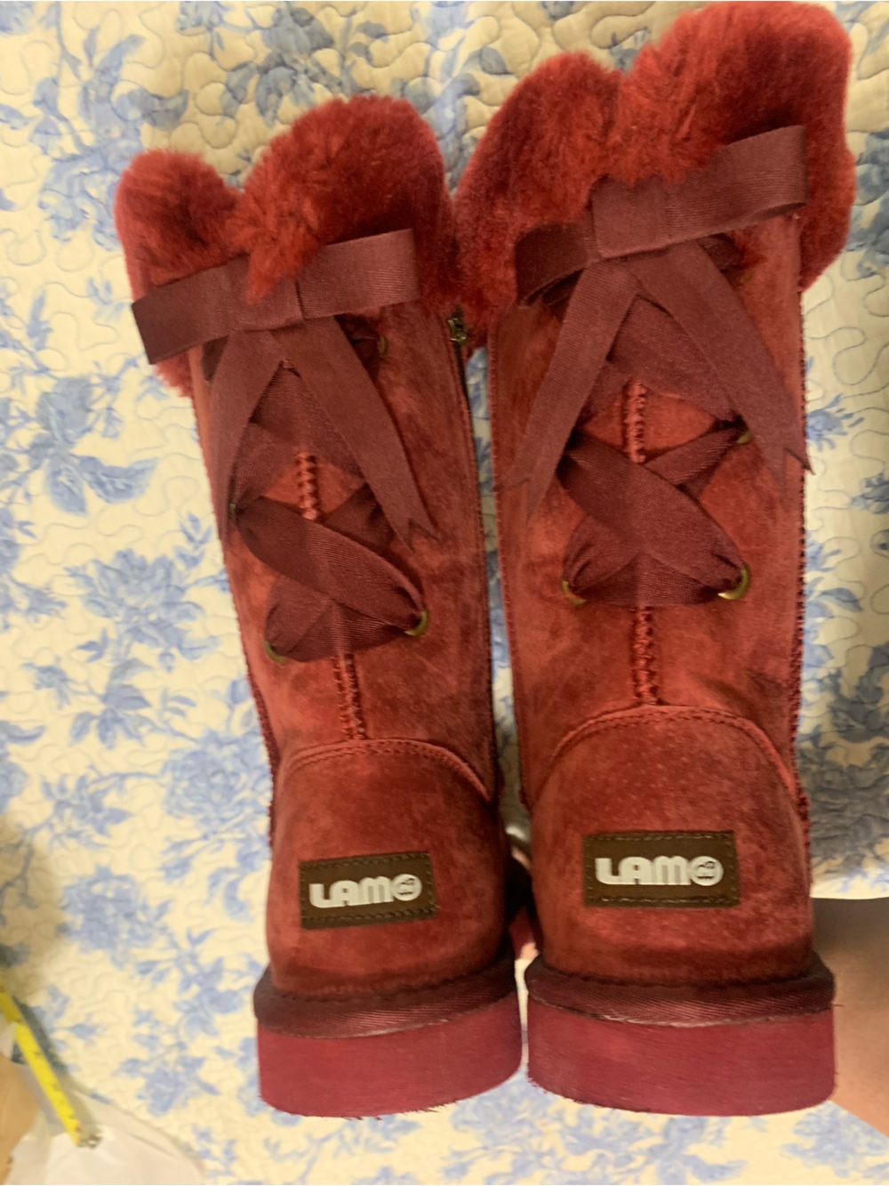 Lamo Women's Burgundy Suede Faux-Fur Lace Slipper Boots